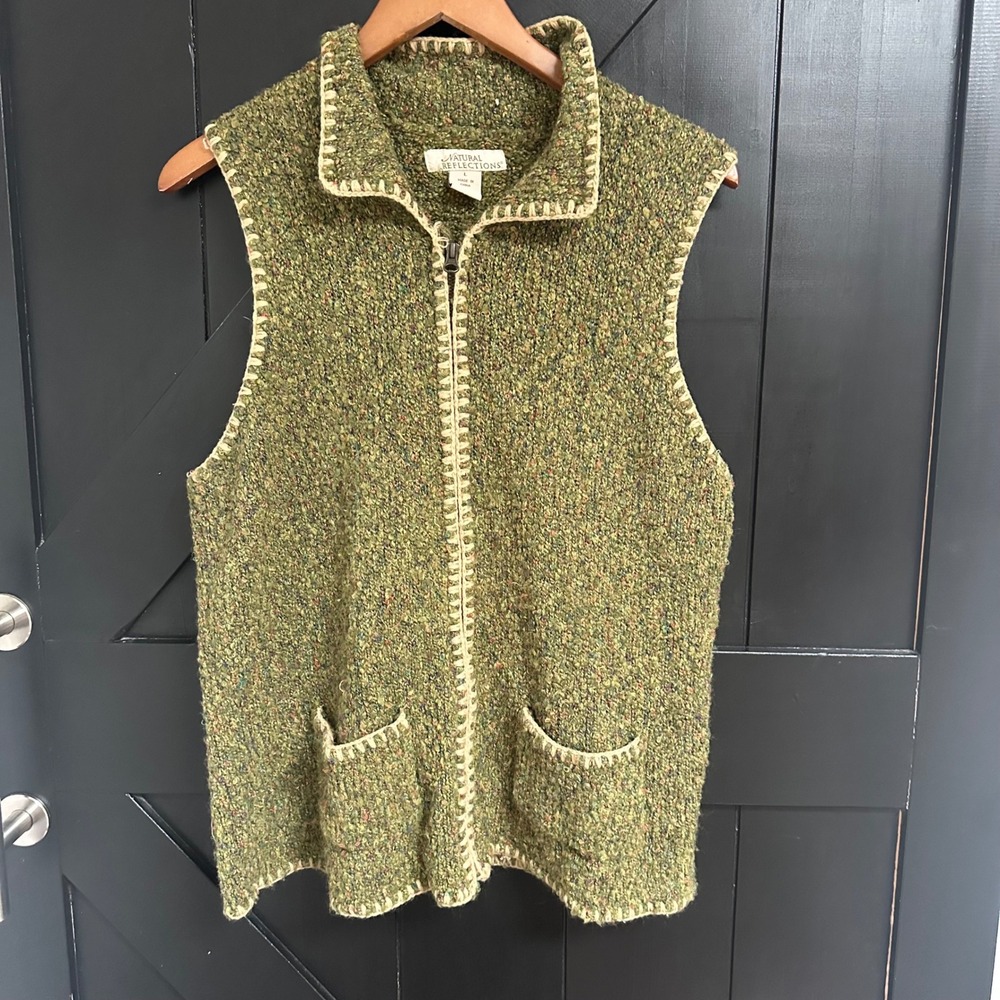 Natural Reflections Women's Large Green Knit Full Zip Sweater Vest Granola Artsy